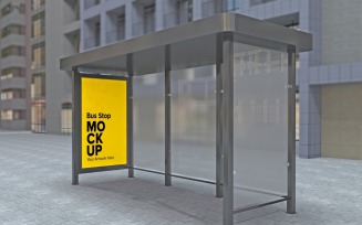 Minimal Look Bus Stop Blurred Glass With Sign Mockup Template .