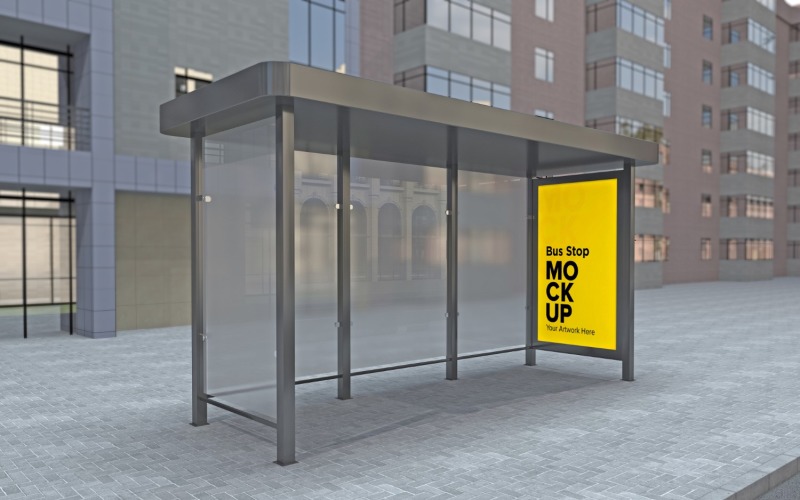 Minimal Look Bus Stop Blurred Glass With Sign Mockup Template. Product Mockup