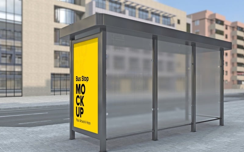 Minimal Look Bus Stop Blurred Glass With Sign Mockup. Product Mockup