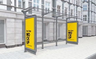 Road Side Bus Stop Shelter With 2 Billboard Mockup Template
