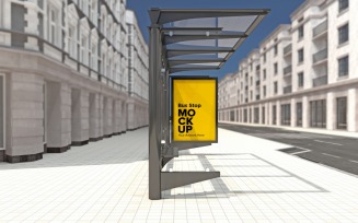 Side Angle View Bus Stop With Sign Mockup