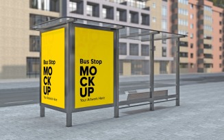 Town Bus Shelter With 2 Advertising Billboard Mockup Template.