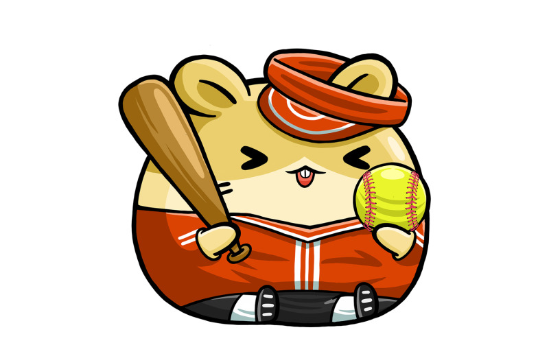 Cute Hamster Softball Player Cartoon Vector Graphic