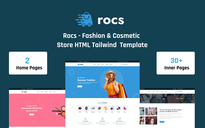 Rocs - Fashion & Cosmetic Store HTML5 Tailwind Template Website Template