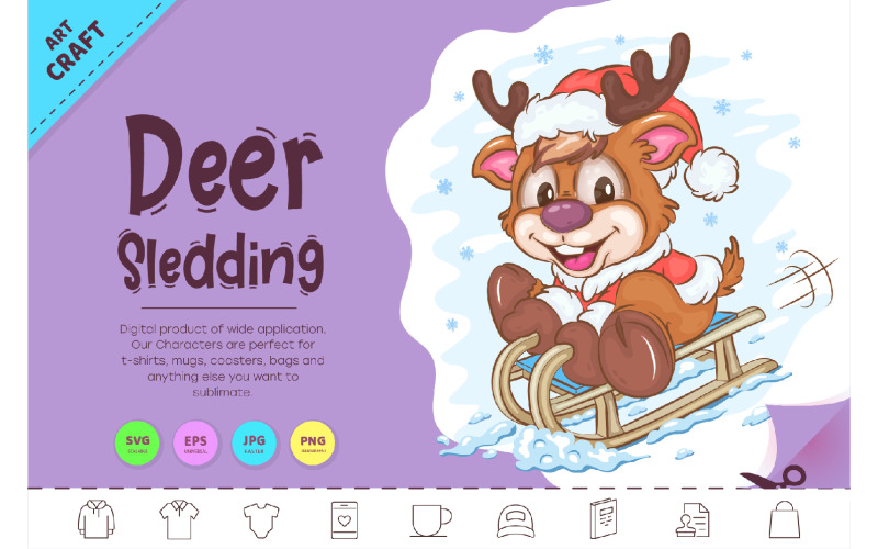 Cartoon Deer Sledding. Clipart Vector Graphic