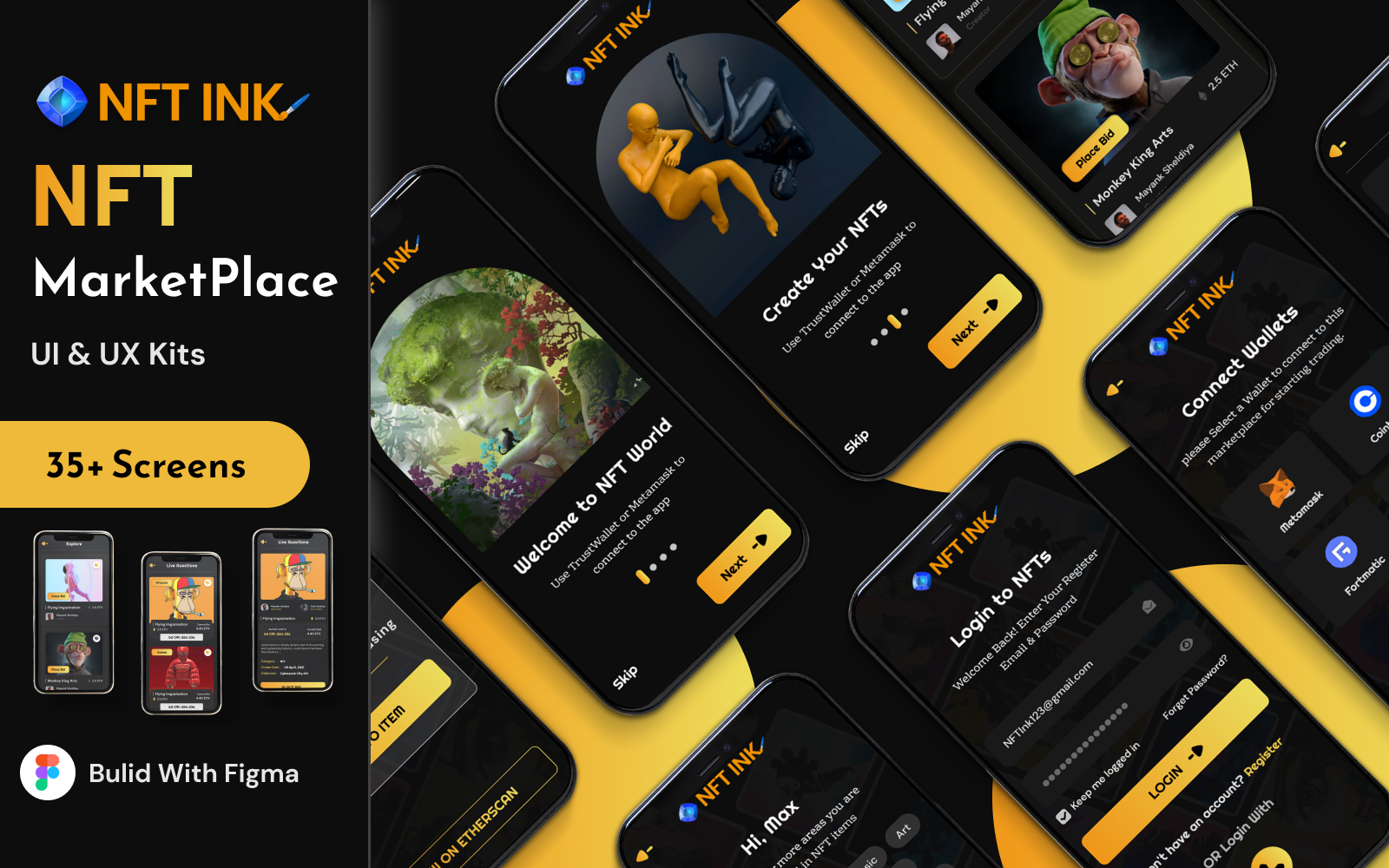 NFT Marketplace Mobile App UI Kit (Dark Mode) Figma