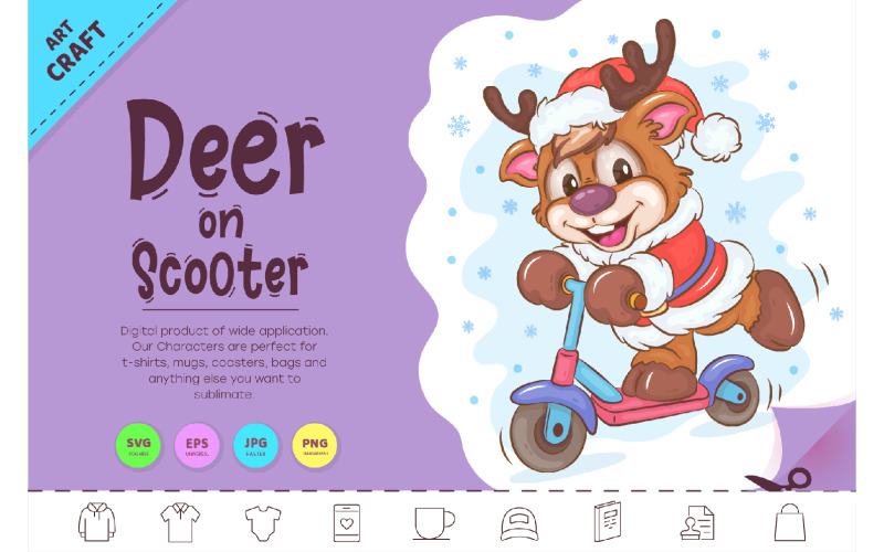 Cartoon Deer on Scooter. Clipart Vector Graphic