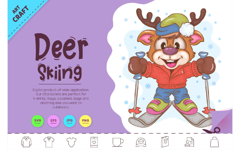 Cartoon Deer Skiing. Clipart Vector Graphic