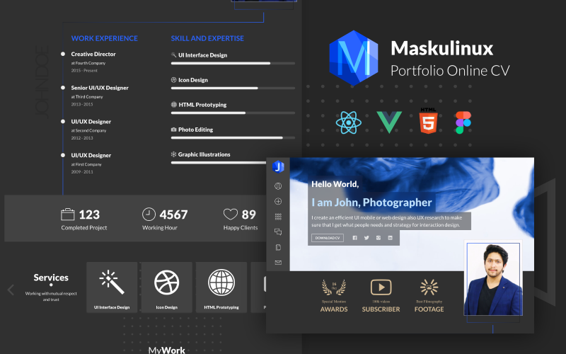 Maskulinux - React Vue HTML and Figma Portfolio Resume CV Template Landing Page Template
