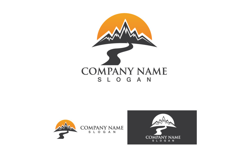 Sunset vector logo. Mountains silhouette. Minimalistic evening sky. 1 Logo Template