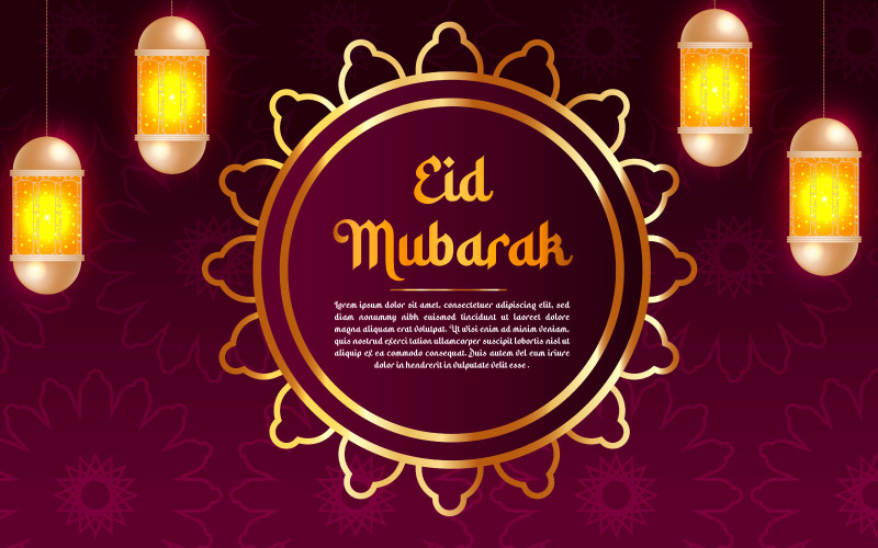 Islamic greetings eid mubarak card design with lanterns crescent and holy kaaba Illustration
