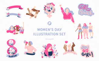 Lovely pink nuance women's day illustration set