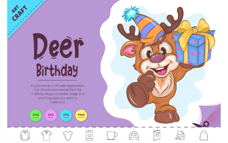 Cartoon Deer Birthday. Clipart Vector Graphic