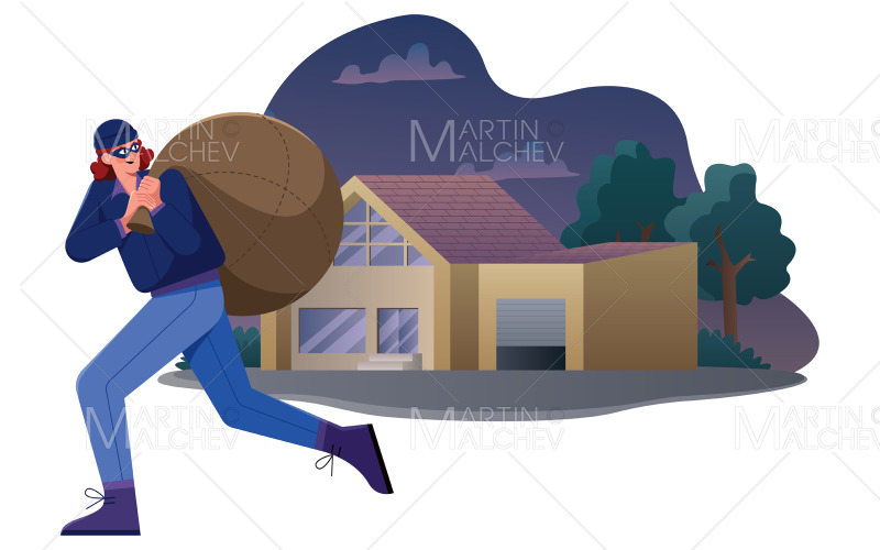 Burglar Robbing House Vector Illustration