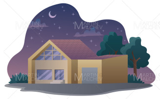 Modern House Night Vector Illustration