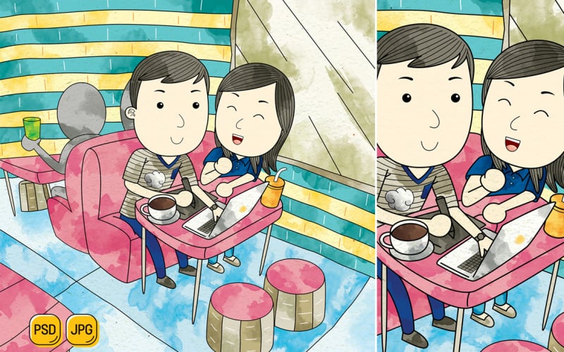 Couple Dating in Cafe Illustration