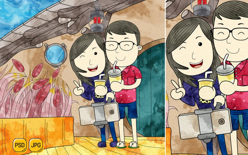 Couple Photo Together in Vacation Illustration