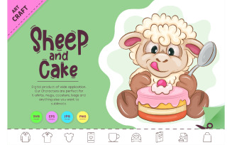 Cartoon Sheep and Cake. Clipart.