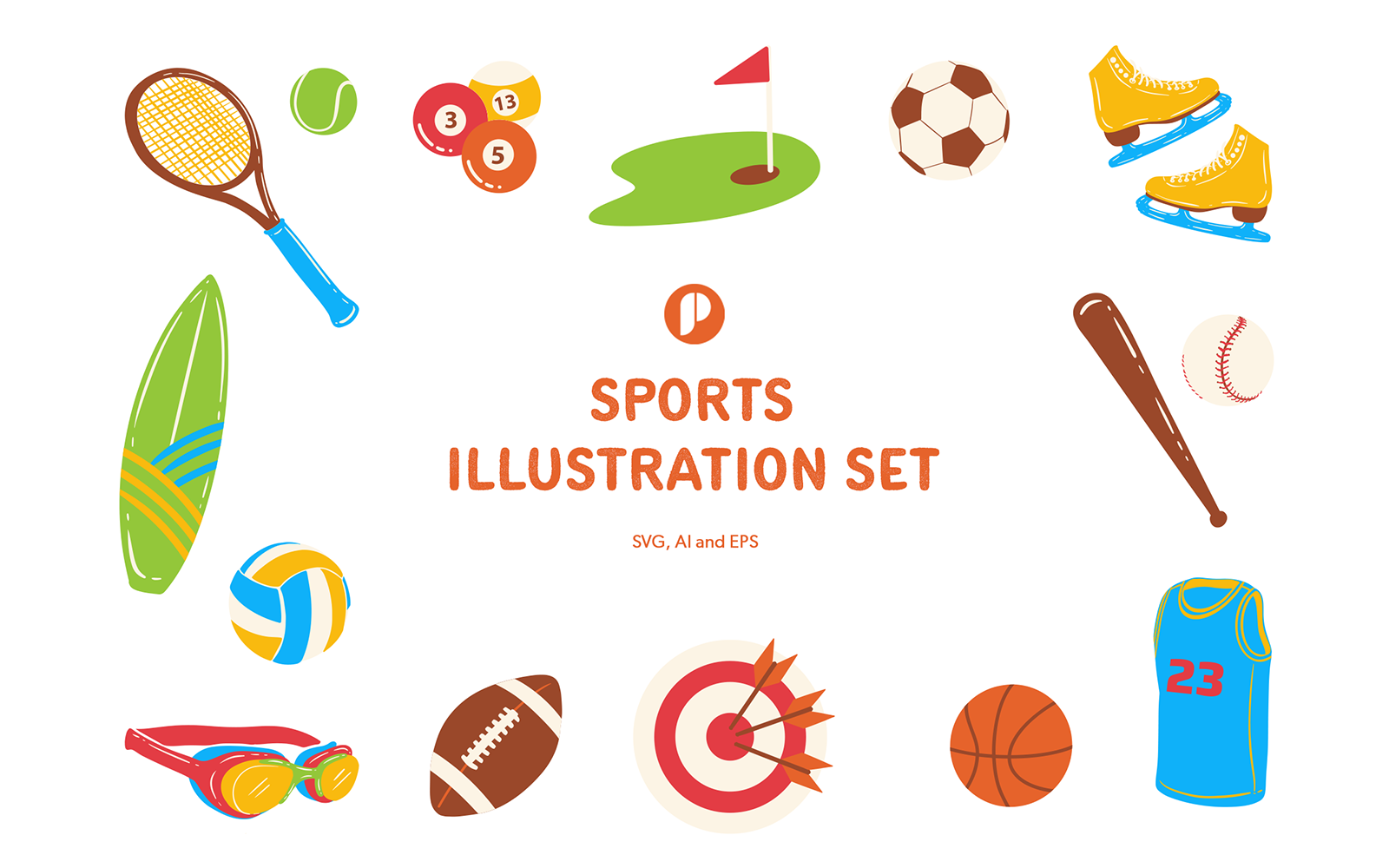 Sports illustration hand drawn set