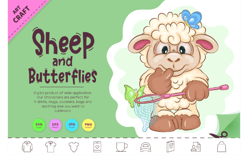 Cartoon Sheep and Butterflies. Clipart. Vector Graphic
