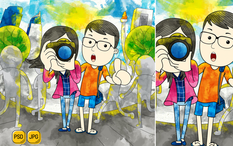 Couple Taking Pictures in City Park Illustration