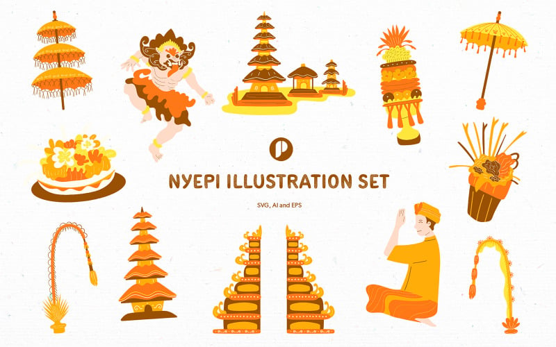 Orange nyepi illustration set Illustration