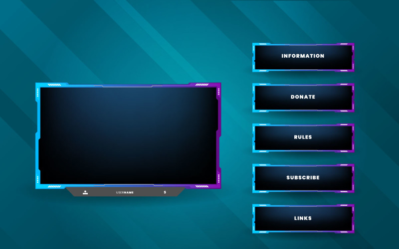 live stream gameing panel template design with game screen, live chat and webcam frames Illustration