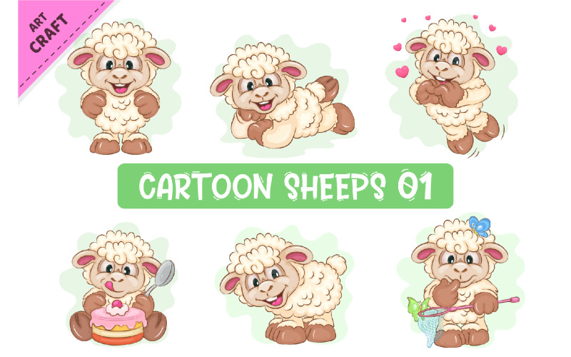 Set of Cartoon Sheeps 01. Clipart. Vector Graphic