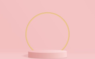 Circular podium stage and Golden Ring With Pink Color background 3d rendering