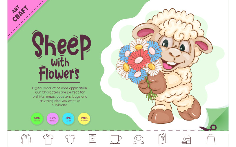 Cartoon Sheep with Flowers. Clipart. Vector Graphic