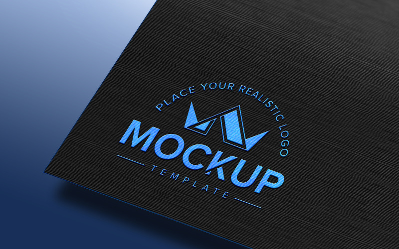 Embossed glossy blue logo mockup on blue black craft paper texture Product Mockup