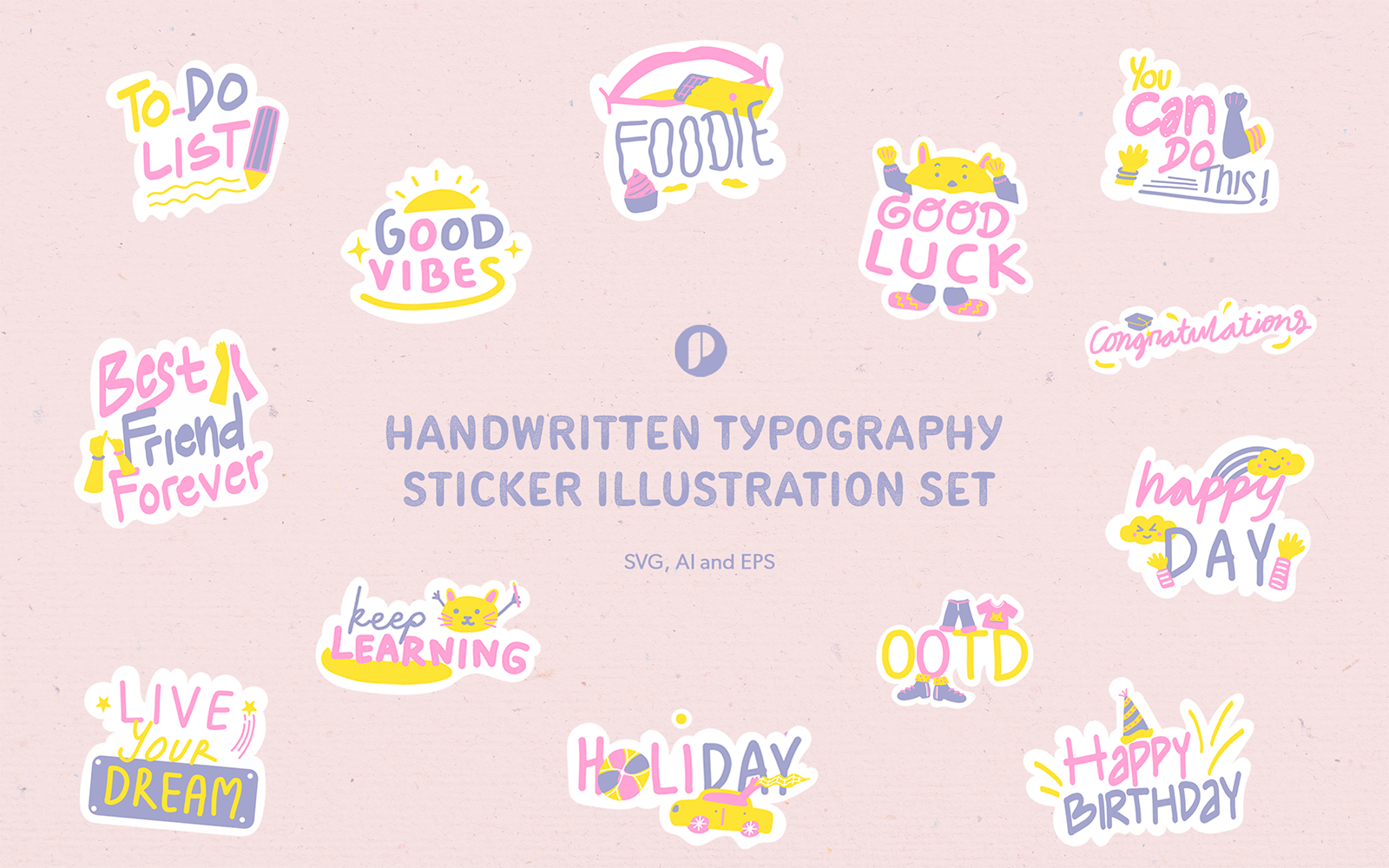 Fun wordy handwriting typography sticker illustration set