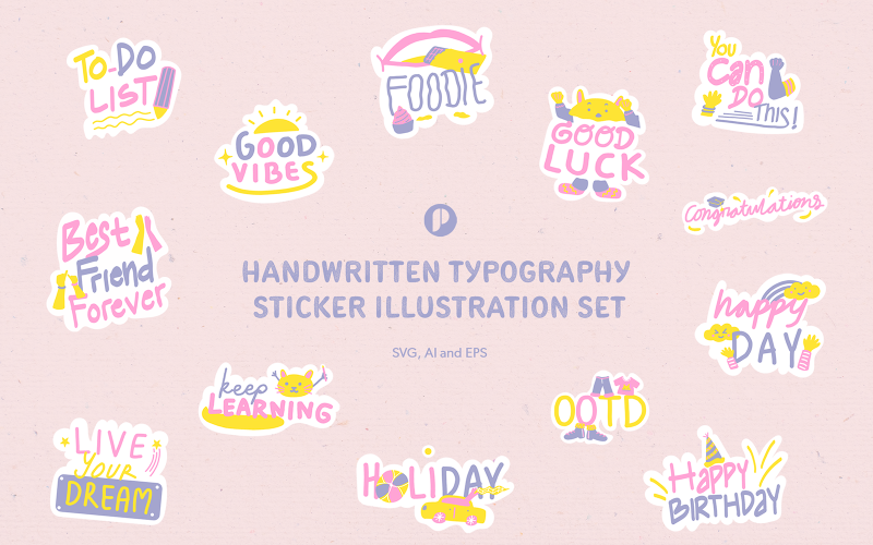 Fun wordy handwriting typography sticker illustration set Illustration
