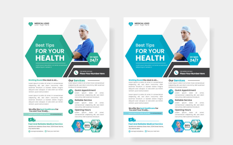 Healthcare square flyer or banner with doctor Illustration