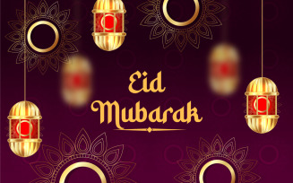 Eid Mubarak Festival Golden Crescent Moon and Lanterns Background