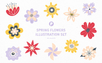 Bright & colorful spring flowers illustration set