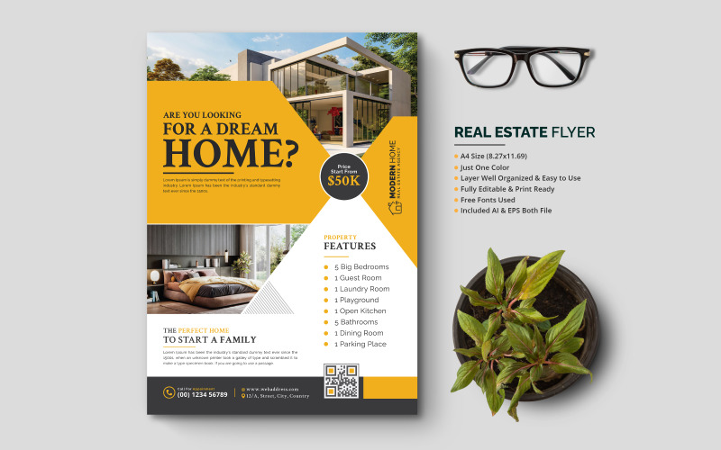 Real Estate Flyer, Abstract Real Estate Flyer Booklet Pamphlet or Realtor Flyer Template Design Corporate Identity