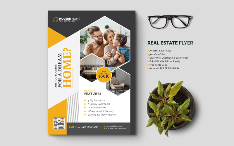 Real Estate Flyer, Moder Creative Real Estate Flyer or Realtor Flyer Design with Polygon Shapes Corporate Identity