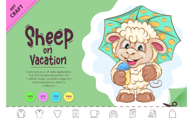 Cartoon Sheep on Vacation. Clipart. Vector Graphic