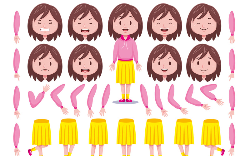Front View Cute Girl Character Creation Set #03 Vector Graphic