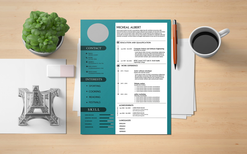 Professional CV template design of Micheal Albert Resume Template