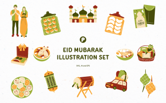 Hand drawn eid mubarak illustration set