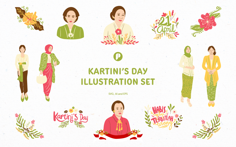 Hand drawn kartini's day illustration set Illustration