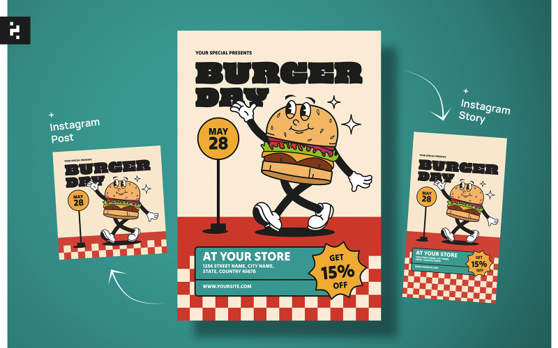 Burger Day Flyer - Retro Groovy Style Corporate Identity
