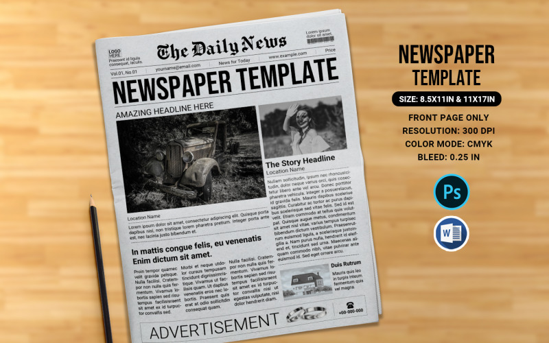 One Page Newspaper Template, Ms Word and Photoshop Corporate Identity