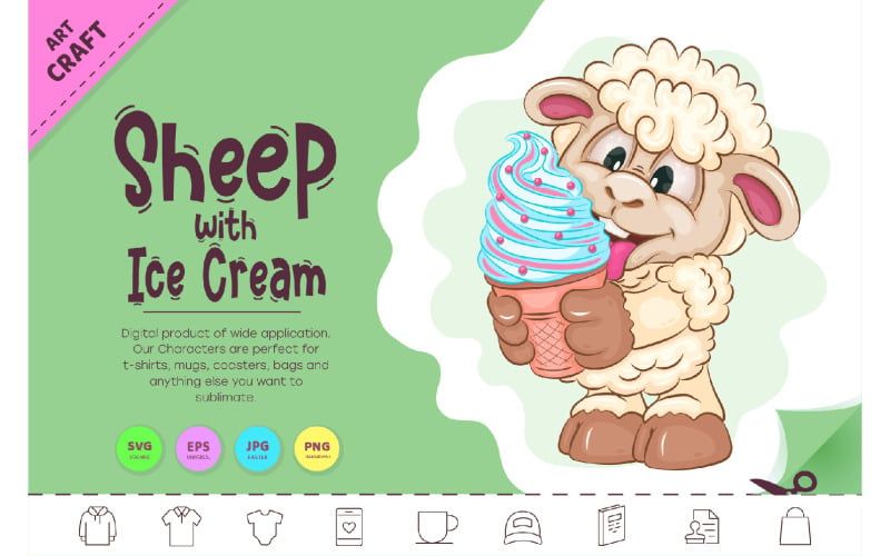 Cartoon Sheep with Ice Cream. Clipart. Vector Graphic