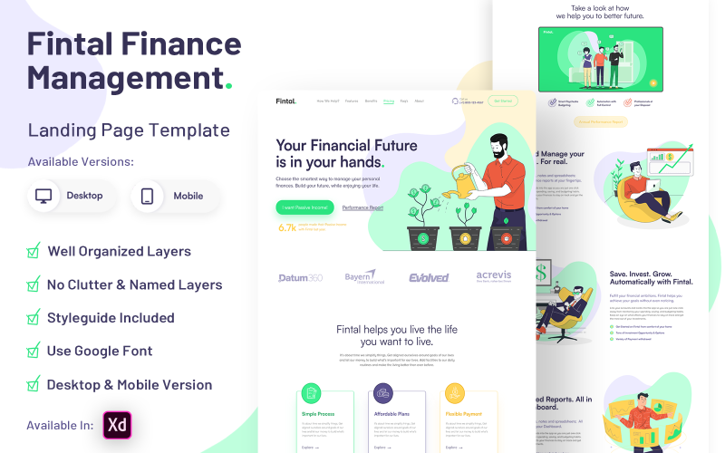 Fintal - Finance Landing Page XD Template UI Element