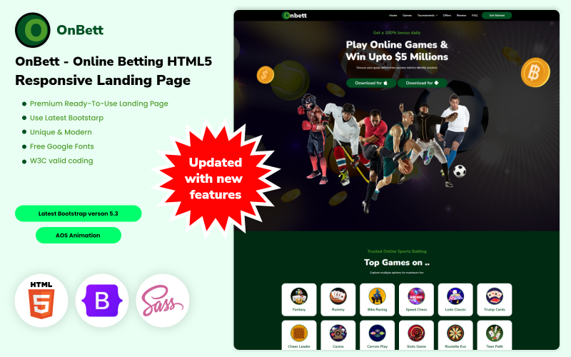 OnBett - Online Betting HTML5 Responsive Landing Page Landing Page Template