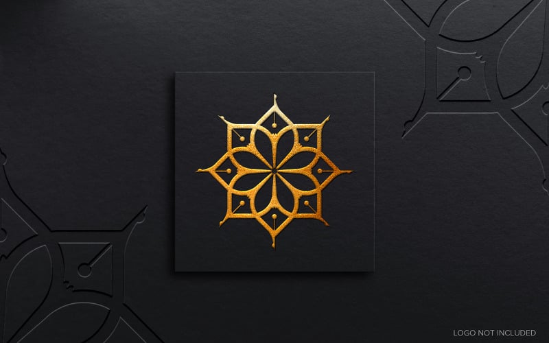 A black square with a gold flower luxury logo mockup design. Product Mockup