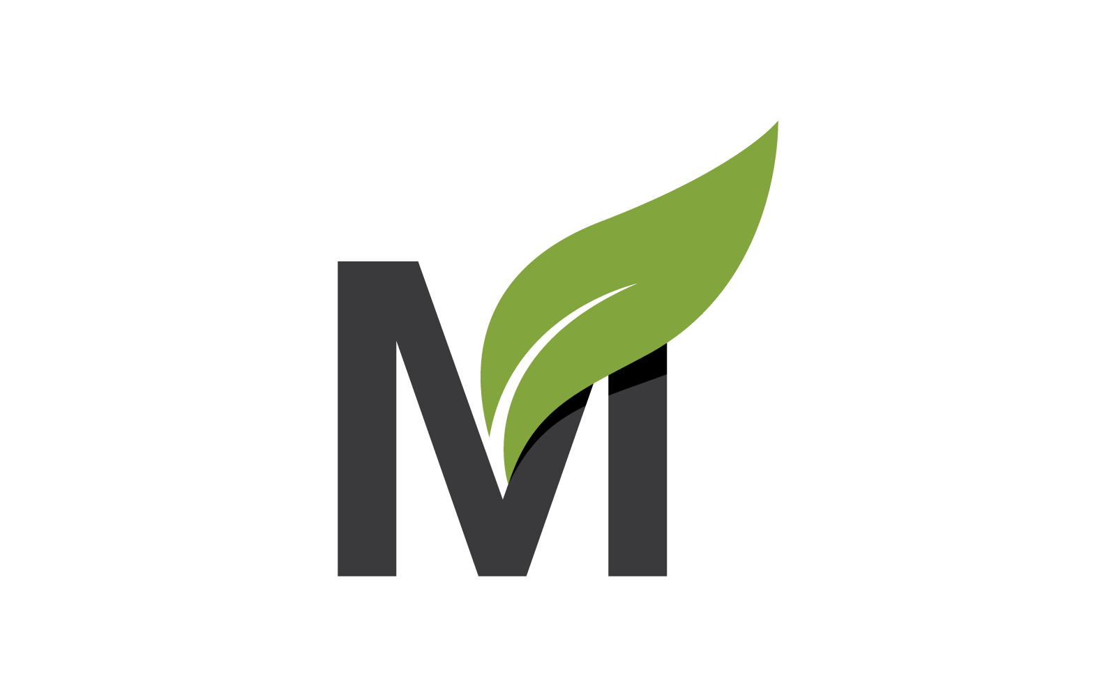 M lettre initiale avec design plat vecteur feuille verte logo